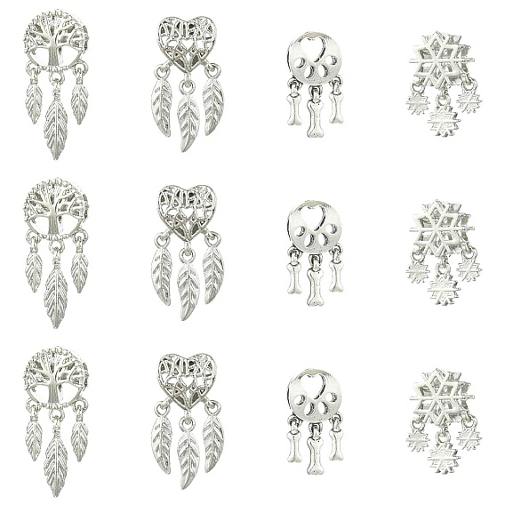 12шт 4 стили сплав европейские бусины, бусины с большим отверстием, платина