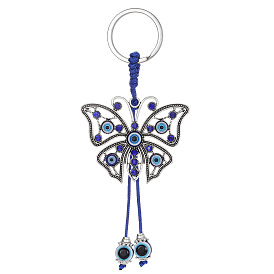 Vintage Evil Eye Hollowed-out Silver Butterfly Keychain Pendant with Beaded Insect Bag Charm