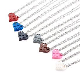 Resin Building Blocks Pendant Necklaces Sets, Couple Necklaces, with 304 Stainless Steel Lobster Claw Clasps, Half Oval