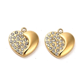 Real 14K Gold Plated 304 Stainless Steel Charms, with Rhinestone, Heart