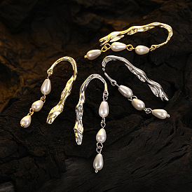 Elegant Long Tassel Pearl Earrings with Lava Texture Design for Women in 925 Sterling Silver