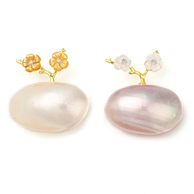 Oval & Peach Blossom Dyed Natural White Shell Brooches for Women, with Brass & Rhinestone, Real Gold Plated