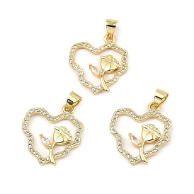 Rack Plating Real 18K Gold Plated Brass Pendants, with Cubic Zirconia and Shell, Long-Lasting Plated, Lead Free & Cadmium Free, Heart with Flower
