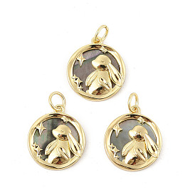 Подвески из натуральной латуни с паве из ракушек пауа/ракушек абалона, плоский круглый с подвесками в виде кролика, стойки покрытие, с прыжковых колец