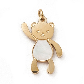 Natural Shell Pendants, Bear Charms, with Ion Plating(IP) 304 Stainless Steel Findings, with Open Jump Rings