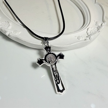 Vintage Religion Alloy Enamel Black Saint Benedict Medal Crucifix Cross Pendant Necklaces for Men Women