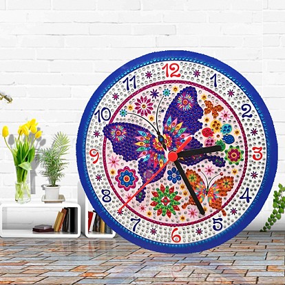 5D DIY Diamond Painting Kits For Clock Making, with Diamond Painting Cloth, Resin Rhinestones, Diamond Sticky Pen, Tray Plate and Glue Clay, Plastic Clock Movement and Pointers, Butterfly