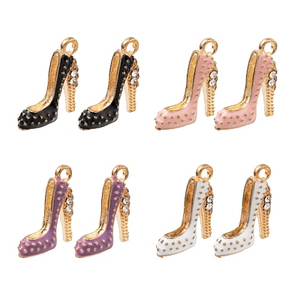 8Pcs 4 Colors Alloy Enamel Stilettos Pendants, with Rhinestone, High-heeled Shoes, Light Gold