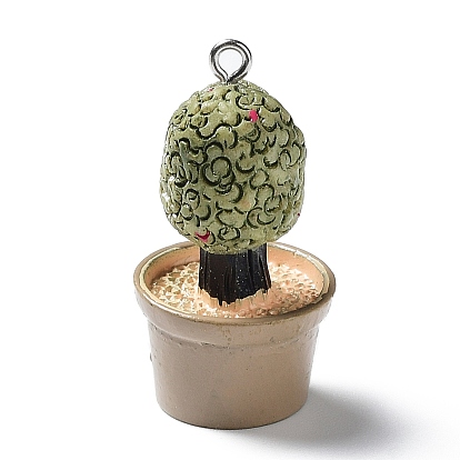Cactus Pot Green Plant Resin Pendants, Cactus Charms with Platinum Plated Metal Loops
