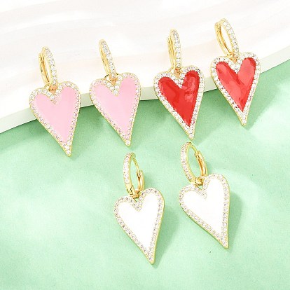 Серьги-кольца в форме сердца из латуни с микропаве и прозрачными кубическими циркониями ко Дню святого Валентина, с эмалью, без кадмия и без свинца, долговечный, стойки покрытие, реальный 18 k позолоченный