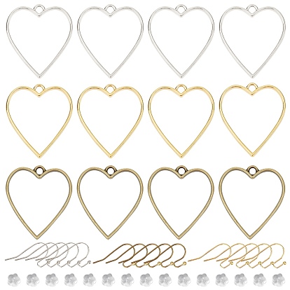 DIY Dangle Earrings Making Kits, Including Heart Alloy Open Back Bezel Pendants, Brass Earring Hooks and Plastic Ear Nuts, Antique Bronze & Golden & Platinum