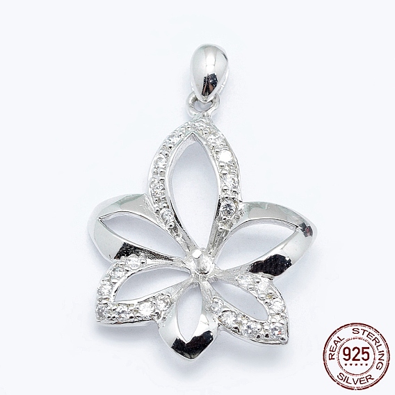 Sterling Silver Cubic Zirconia Pendant Pinch Bails, For Half Drilled Beads, with 925 Stamp, Flower