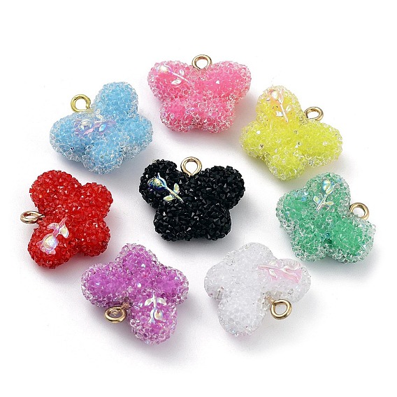 Druzy Resin Pendants, Butterfly Charms with Rack Plating Golden Tone Brass Loops