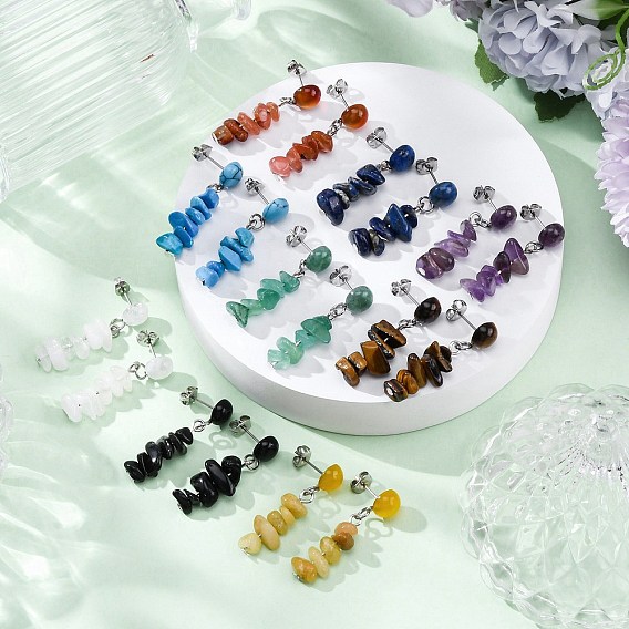 Natural Gemstone Dangle Stud Earrings, with 304 Stainless Steel Stud Earring Findings for Women, Flat Round with Chip