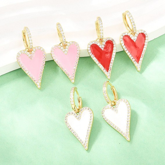 Серьги-кольца в форме сердца из латуни с микропаве и прозрачными кубическими циркониями ко Дню святого Валентина, с эмалью, без кадмия и без свинца, долговечный, стойки покрытие, реальный 18 k позолоченный
