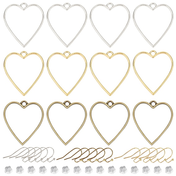 DIY Dangle Earrings Making Kits, Including Heart Alloy Open Back Bezel Pendants, Brass Earring Hooks and Plastic Ear Nuts, Antique Bronze & Golden & Platinum