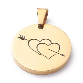 Valentine's Day 304 Stainless Steel Pendants, with Enamel, Polishing, Flat Round with An arrow through a heart