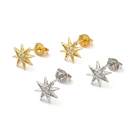 Rack Plating Brass Micro Pave Clear Cubic Zirconia Star Stud Earrings, Long-Lasting Plated, Lead Free & Cadmium Free