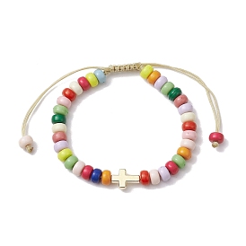 Colorful Rondelle Acrylic Braided Bead Bracelets, Cross CCB Plastic Adjustable Bracelets for Women
