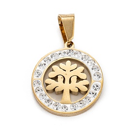 Ion Plating(IP) 304 Stainless Steel Pendants, with Polymer Clay Rhinestones, Flat Round with Tree