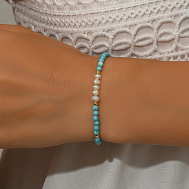 Женские браслеты из синтетической бирюзы и натуральных пресноводных ракушек с круглыми бусинами, золотые