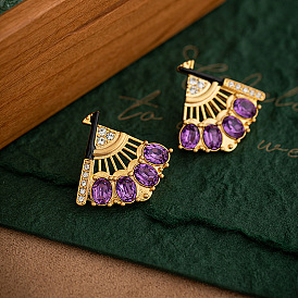 Purple Vintage Fan-shaped Earrings for Women with Antique Palace Style and French High-end Feel