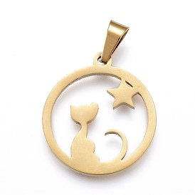 304 Stainless Steel Pendants, Laser Cut, Ring with Cat & Star