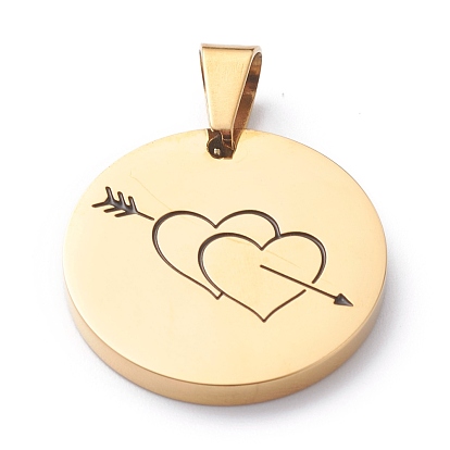 Valentine's Day 304 Stainless Steel Pendants, with Enamel, Polishing, Flat Round with An arrow through a heart