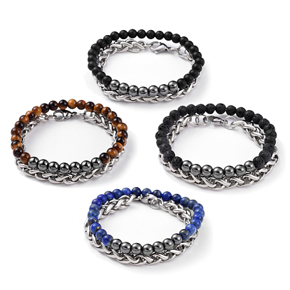 Unisex Stretch Bracelet and Chain Bracelet Jewelry Sets, Stackable Bracelets, with Gemstone Beads, 304 Stainless Steel Wheat Chains and Burlap Bag, Round