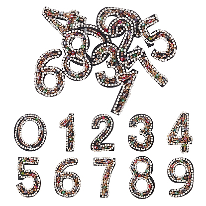 10Pcs 10 Style Number Colorful Rhinestone Patches, Sew on Appliques, Costume Accessories, for Clothes, Bag Pants, Shoes, Cellphone Case