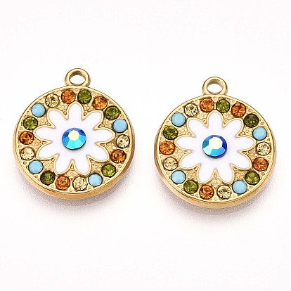 304 из нержавеющей стали горный хрусталь подвески, плоские круглые с цветком, ионное покрытие (ip), реальный 18 k позолоченный