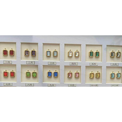 12pcs pierre d'anniversaire 304 breloques en verre en acier inoxydable, charme rectangle, facette, réel 14 k plaqué or
