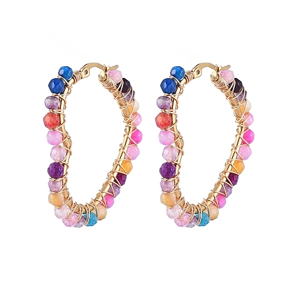 Серьги из 201 нержавеющей стали, серьги-кольца с бусинами, с природными драгоценный камень бисером, сердце, золотые