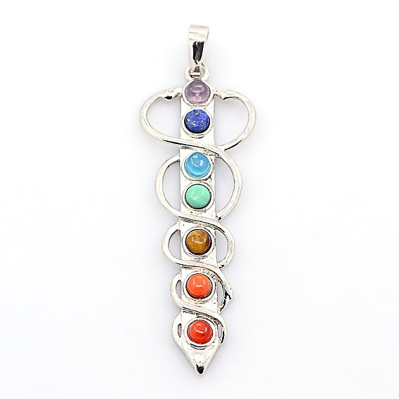 Gemstone Chakras Big Pendants, with Alloy Findings, Platinum