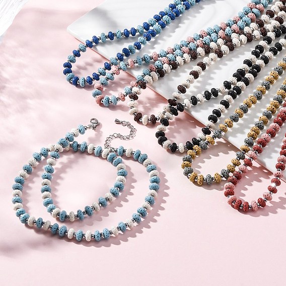 Ожерелья из бусин-ронделей из окрашенной натуральной лавы и синтетического немагнитного гематита, два тона, с концевыми цепями из нержавеющей стали