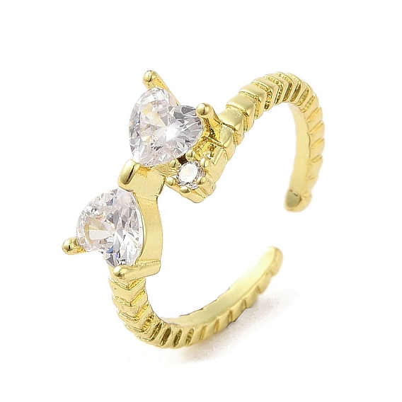 Rack Plating Brass Micro Pave Cubic Zirconia Finger Ring, Cuff Ring, Long-Lasting Plated, Cadmium Free & Lead Free, Bowknot