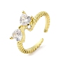 Rack Plating Brass Micro Pave Cubic Zirconia Finger Ring, Cuff Ring, Long-Lasting Plated, Cadmium Free & Lead Free, Bowknot