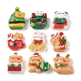 Christmas Bear/Rabbit/Panda Theme Opaque Resin Decoden Cabochons, Candy Cane/Deer/Christmas Bell/Box/Cup/Tree/Wreath