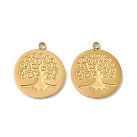 Manual Polishing 304 Stainless Steel Charms, Flat Round with Tree of Life Charm