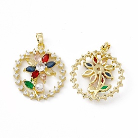 Brass Micro Pave Cubic Zirconia Pendants, with Colorful Glass, Flat Round with Flower of Life