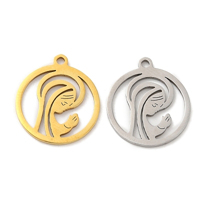 Pendentifs en acier inoxydable, creux, plat rond avec breloque femme