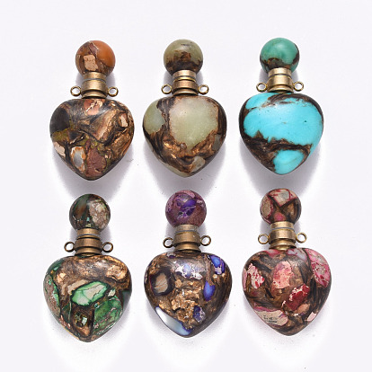 Heart Assembled Natural & Synthetic Mixed Gemstone Openable Perfume Bottle Pendants, with Brass Findings, Dyed