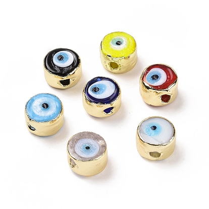 Handmade Evil Eye Lampwork Beads, with Golden Tone Brass Findings, Long-Lasting Plated, Cadmium Free & Lead Free, Flat Round