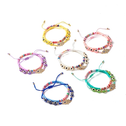 Handmade Polymer Clay Heishi Beads Stretch Bracelets Set, Hamsa Hand /Hand of Miriam Alloy Rhinestone Links Bracelets, Evil Eye Flat Round Resin Beads Lucky Bracelets for Women
