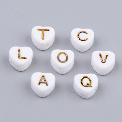 Electroplate Opaque Acrylic Beads, Horizontal Hole, Heart with Mixed Golden Letters