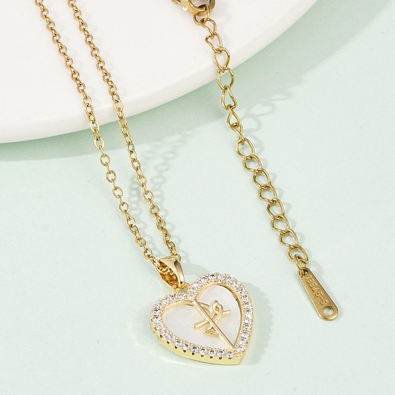Латунный микропаве кубический цирконий пластиковая имитация ракушки кулон ожерелья, сердце, 304 цепь из нержавеющей стали, стойки покрытие, для женщин