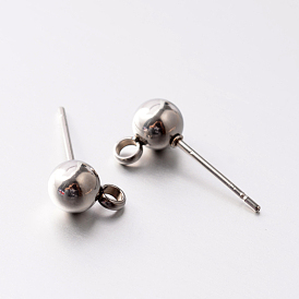 304 Stainless Steel Post Stud Earring Findings, with Loop, 8x5mm, Hole: 1.8mm, Pin: 0.6mm