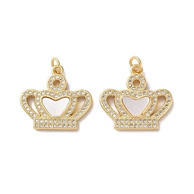 Brass Micro Pave Cubic Zirconia Pendants, with Shell, Real 18K Gold Plated, Crown