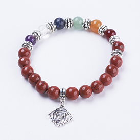 Натуральный красный яшма браслеты простирания, со смешанным камня, результаты сплава и латунные подвески, цветок