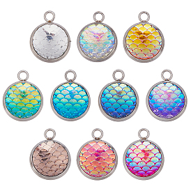 40 шт 10 цвета подвески из смолы, с 304 вывод из нержавеющей стали, плоский круглый с рыбой в русалочной форме